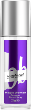Przezroczysty dezodorant bruno banani Magic Woman 75ml z fioletową etykietą i białym logo "bb", widok z przodu.