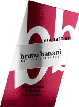 Czerwone pudełko Bruno Banani Dangerous Woman 30ml Eau de Toilette z białym logo, widok pod kątem.