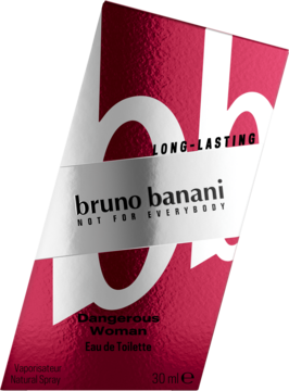 Czerwone pudełko Bruno Banani Dangerous Woman 30ml Eau de Toilette z białym logo, widok pod kątem.
