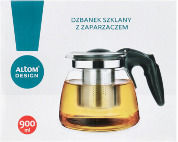 Szklany dzbanek Altom Design 900ml z czarnym uchwytem i metalowym zaparzaczem, widok z boku.