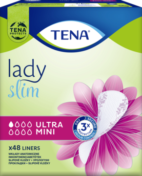 TENA Lady Slim Ultra Mini 48 wkładek, zielono-różowe opakowanie, widok przodu z jedną wkładką.