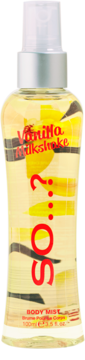 SO...? Vanilla Milkshake mgiełka do ciała 100ml, butelka z żółtym płynem, czarne paski, srebrny atomizer, widok z przodu.
