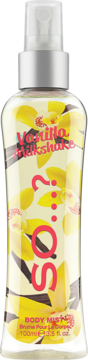 SO...? Vanilla Milkshake mgiełka do ciała w przezroczystej butelce z motywem kwiatów i lasek wanilii, widok z przodu.