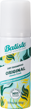 Batiste Original dry shampoo 50ml, white can with teal, green, and yellow tropical pattern, front view.