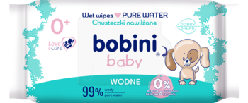 Bobini Baby wodne chusteczki nawilżane 0+, białe opakowanie 99% wody, rysunek psa, widok z przodu.