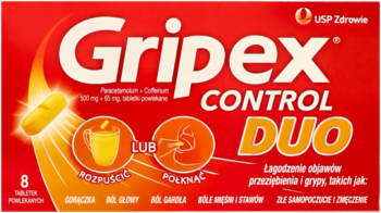 Czerwone opakowanie Gripex Control DUO, tabletki na przeziębienie i grypę, widok z przodu, z ilustracjami użycia.