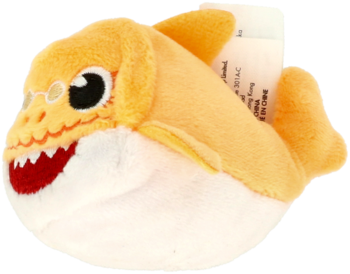 Pluszowa mini maskotka Baby Shark Dziadek Rekin z okularami, pomarańczowo-biała, widok z boku, z metką.