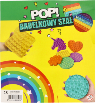Żółte opakowanie Pop-it "Bąbelkowy Szał" z tęczą, prezentujące różnorodne kolorowe sensoryczne zabawki bąbelkowe.