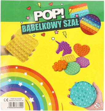 Zestaw zabawek antystresowych Pop It Bąbelkowy Szał w różnych kształtach, na żółtym tle.