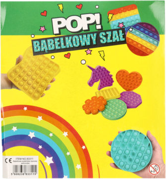 Okładka "POP! Bąbelkowy szał" z wielokolorowymi zabawkami sensorycznymi Push Pop Bubble w różnych kształtach.