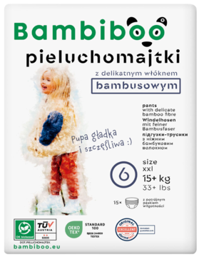 Pieluchomajtki Bambiboo rozmiar 6 (15+ kg), z delikatnym włóknem bambusowym, na białym opakowaniu uśmiechnięte dziecko.