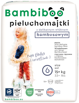 Przednia strona opakowania pieluchomajtek Bambiboo z bambusowym włóknem, rozm. 6 XXL (15+kg), z dzieckiem.