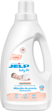 Biała butelka hipoalergicznego mleczka do prania JELP Baby 0+ Color, ze śpiącym niemowlęciem, widok z przodu.