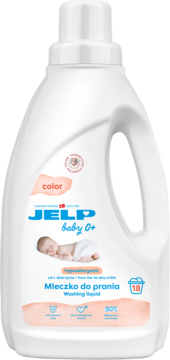Biała butelka hipoalergicznego mleczka do prania JELP Baby 0+ Color, ze śpiącym niemowlęciem, widok z przodu.