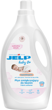 Biały płyn do płukania JELP Baby 0+ Subtelny Dotyk, hipoalergiczny, widok z przodu, dla niemowląt.