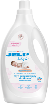 Biały płyn do płukania JELP Baby 0+ Subtelny Dotyk, hipoalergiczny, widok z przodu, dla niemowląt.