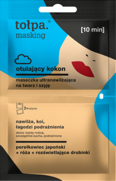 Saszetka maseczki Tołpa ultra-nawilżającej, niebiesko-beżowa, z japońskim perełkowcem i różą, widok z przodu.