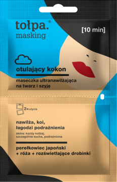 Saszetka maseczki Tołpa ultra-nawilżającej, niebiesko-beżowa, z japońskim perełkowcem i różą, widok z przodu.