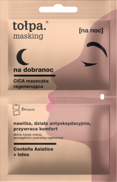 Różowa saszetka Tołpa CICA maseczka regenerująca na noc, z ikoną księżyca, widok z przodu.