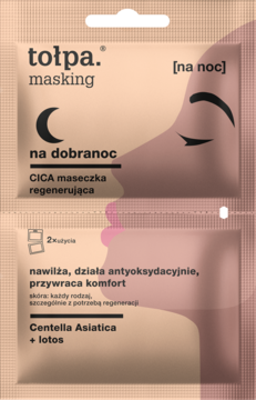 Różowa saszetka Tołpa CICA maseczka regenerująca na noc, z ikoną księżyca, widok z przodu.