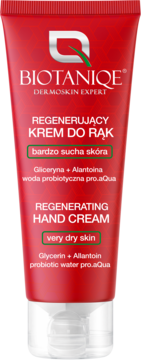 Czerwona tubka Biotaniqe Regenerujący Krem do Rąk do bardzo suchej skóry, z białym napisem, widok z przodu.