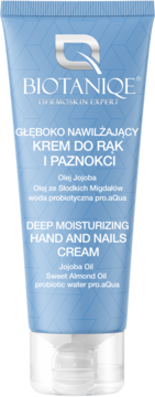 BIOTANIQE Krem do Rąk i Paznokci z olejkiem jojoba, w błękitnej tubce, głęboko nawilżający, widok z przodu.