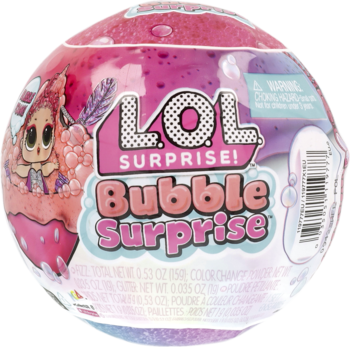LOL Surprise! Bubble Surprise – różowa musująca kula do kąpieli z grafiką lalki, widok z przodu.