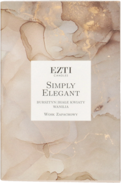 Wosk zapachowy EZTI Candles Simply Elegant, wanilia białe kwiaty bursztyn, w jasnobeżowym pudełku, widok z przodu.