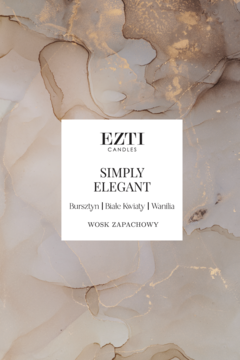 Biała etykieta wosku zapachowego EZTI Simply Elegant z nutami wanilii, białych kwiatów, bursztynu, na marmurowym tle.