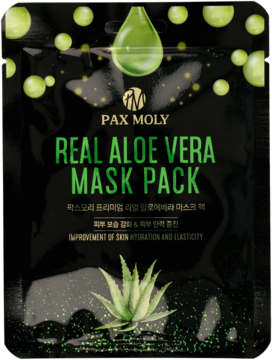 Czarna, błyszcząca maska w płachcie Pax Moly Real Aloe Vera, z zielonymi kroplami i rośliną aloesu, widok z przodu.