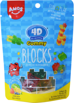 Żelki Amos 4D Gummy Blocks w niebiesko-żółtej torebce, widok z przodu, smaki jabłko, truskawka, winogrono, cytryna.