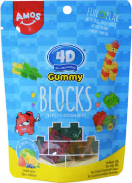Żelki Amos 4D Gummy Blocks w niebiesko-żółtej torebce, widok z przodu, smaki jabłko, truskawka, winogrono, cytryna.