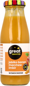 Smoothie great jabłko-banan-marchew-imbir, przecierowe, w szklanej butelce, tęczowa nakrętka, widok z przodu.