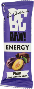 Be Raw! Energy baton śliwka w gorzkiej czekoladzie, fioletowe opakowanie z napisem Vegan, widok z przodu.