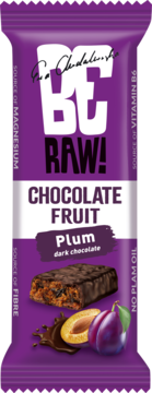 Be Raw! baton czekoladowo-śliwkowy w fioletowym opakowaniu, z ilustracją batona i świeżych śliwek, widok z przodu.