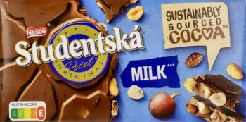 Studentská Pečeť Original, mleczna czekolada z orzechami, żelkami, rodzynkami; widok z góry.