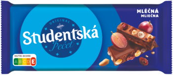 Studentská Pečeť Original mleczna czekolada z orzechami, żelkami i rodzynkami. Niebieskie opakowanie, widok z przodu.