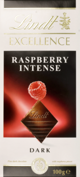 Lindt EXCELLENCE Raspberry Intense 100g: białe opakowanie czekolady ciemnej z maliną i kostką.