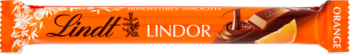 Lindt Lindor Orange, mleczna czekolada z pomarańczowym nadzieniem, w błyszczącym, pomarańczowym opakowaniu, widok z przodu.
