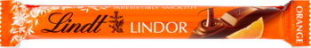Lindt Lindor Orange, mleczna czekolada z pomarańczowym nadzieniem, w błyszczącym, pomarańczowym opakowaniu, widok z przodu.