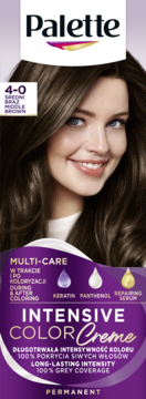 Palette Intensive Color Creme 4-0 Middle Brown hair dye box, front view with smiling model and key benefits.