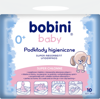 Bobini Baby podkłady higieniczne 10 szt. w niebiesko-różowym opakowaniu, z psem, super chłonne.