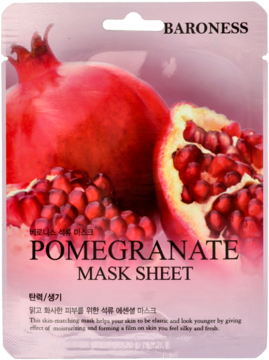 Nawilżająca maska w płachcie Baroness Pomegranate, różowe opakowanie z grafiką dojrzałych granatów.