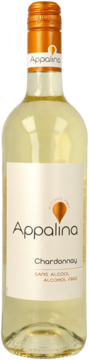 Butelka Appalina Chardonnay, białe wino bezalkoholowe, z jasnożółtym płynem, złotą nakrętką, widok z przodu.