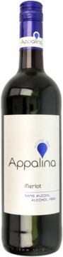 Butelka Appalina Merlot, wino bezalkoholowe, z białą etykietą, widok przód, niebieska zakrętka.