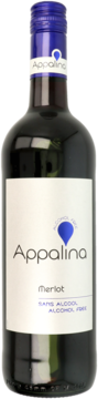 Butelka Appalina Merlot, wino bezalkoholowe, z białą etykietą, widok przód, niebieska zakrętka.