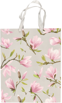 Elegancka torba prezentowa 26x32 cm, jasnobeżowa z pastelowymi kwiatami magnolii i białymi wstążkami.