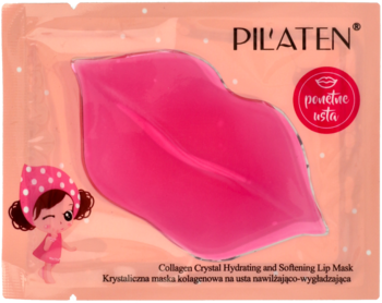 Pil'aten krystaliczna maska kolagenowa na usta, różowa, w kształcie warg, w przezroczystej saszetce.
