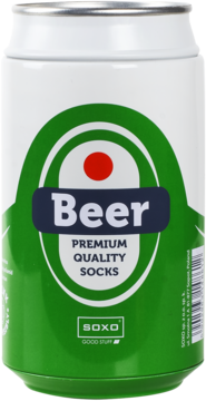 Biało-zielona puszka, imitacja piwa, zawiera męskie skarpetki SOXO z napisem Beer Premium Quality Socks.