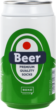 Biało-zielona puszka, imitacja piwa, zawiera męskie skarpetki SOXO z napisem Beer Premium Quality Socks.
